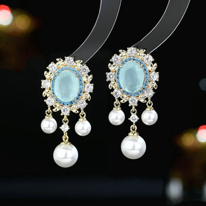 Oval geometric earrings with zircon inlay and pearl tassel in light purple colour option