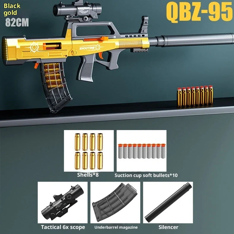 Blue assault rifle simulation toy gun with shell ejection mechanism and pull-action operation
