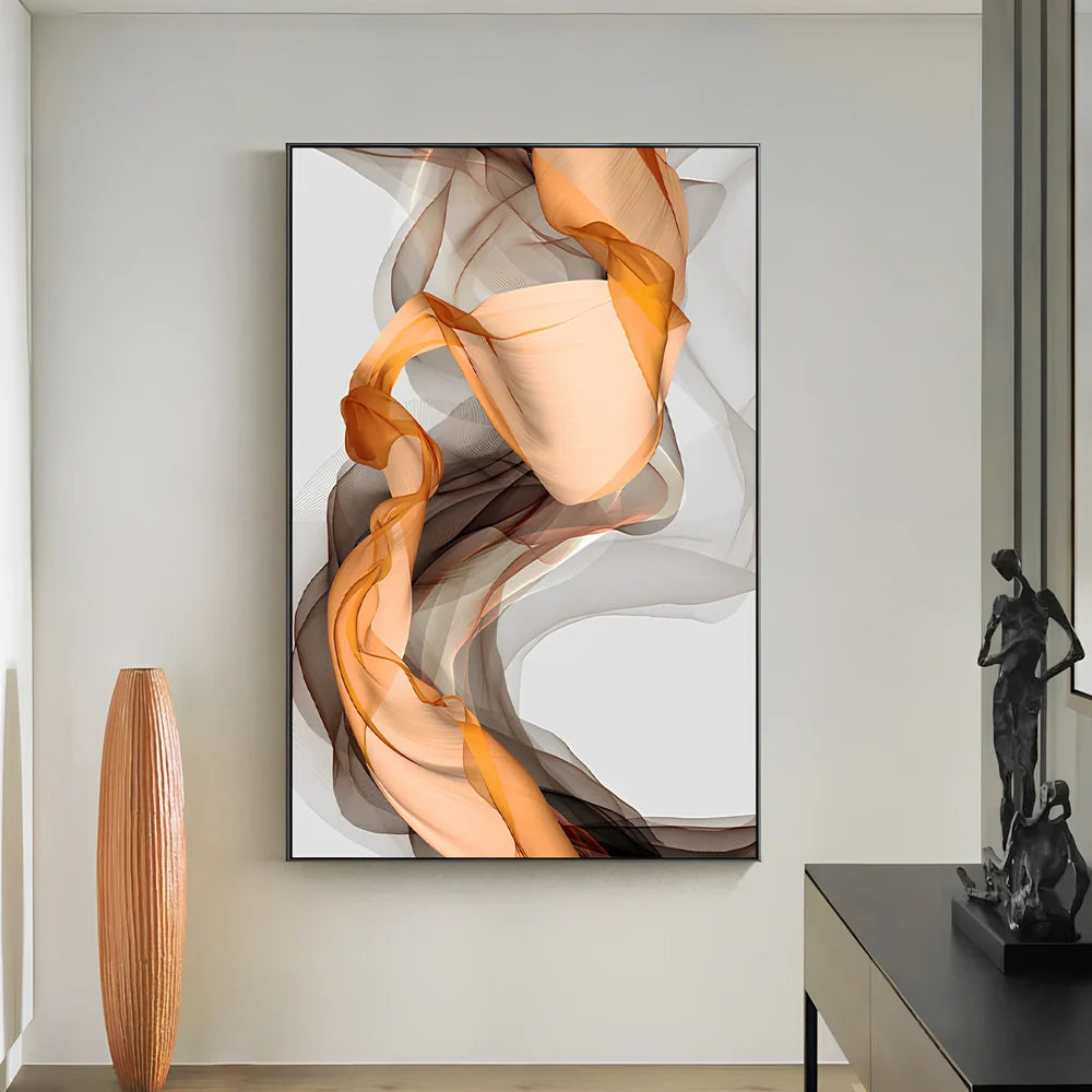 Three-piece abstract canvas painting set with yellow grey design in solid wood frame on white wall