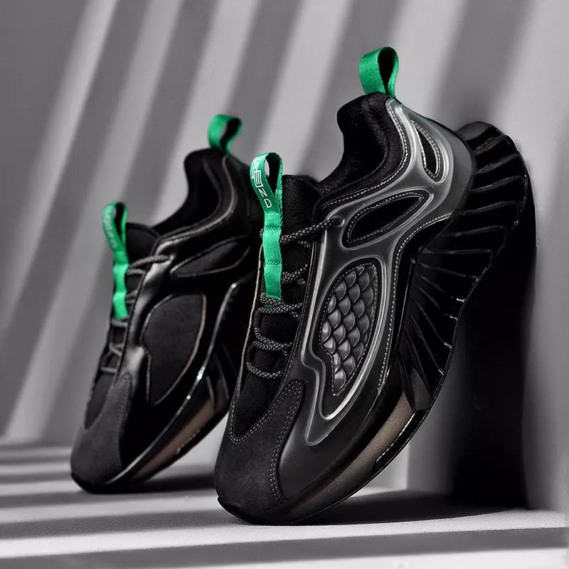 Large size blade men's running shoes with hollow out design in white, black, and blue orange