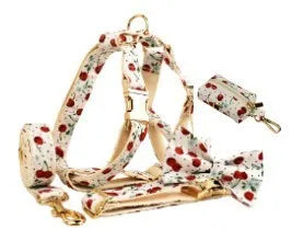Red cherry print dog collar set with light gold buckle and matching accessories
