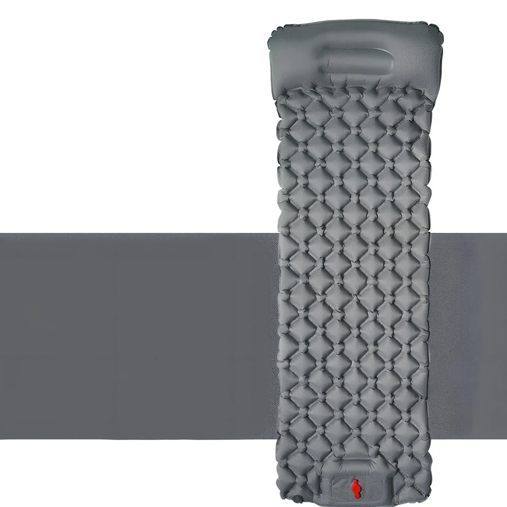 LT-88 navy blue inflatable sleeping pad showing 190cm length and integrated foot strap pillow design