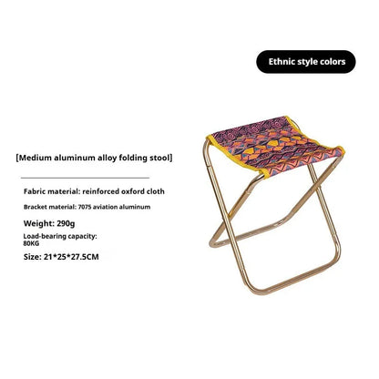 Black ethnic style folding stool with aluminium alloy frame in folded and unfolded positions