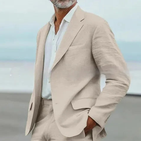 Men's beige linen blend slim fit two-piece suit for business and formal occasions