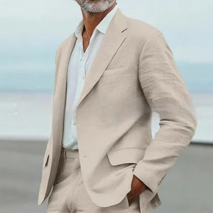 Men's beige linen blend slim fit two-piece suit for business and formal occasions