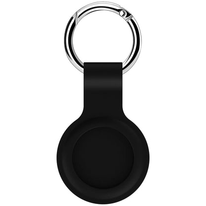 Black waterproof silicone Airtag protective case with metal keychain clip, shown next to colour options.