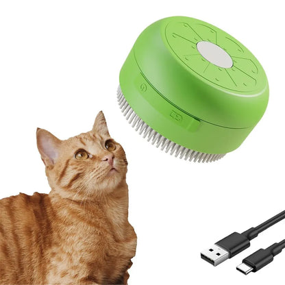 Green and yellow cat steam brush with silicone bristles for grooming pets, measuring 85x85x52mm