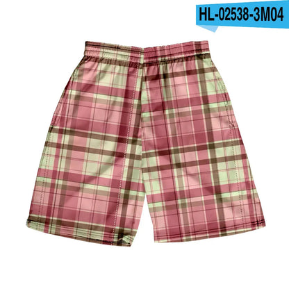 Men's plaid pattern casual shorts with an elastic waistband, shown in a straight leg design.