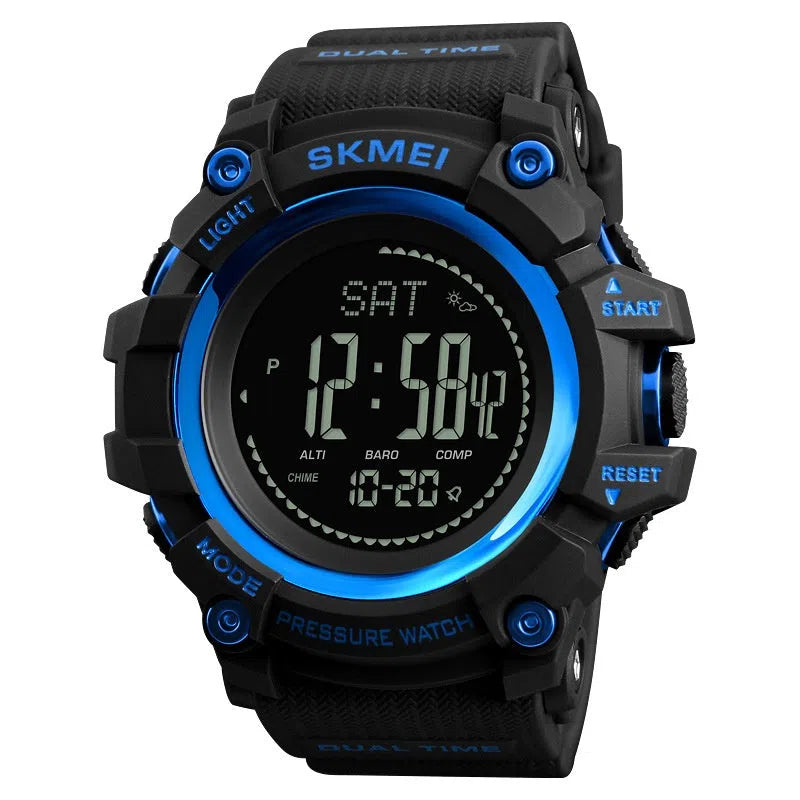 Outdoor sports calendar compass watch with 53mm round dial, metal case, plastic strap, in red, blue, black or Army Green