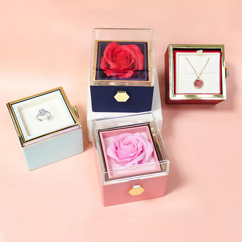 Rotating soap flower rose gift box with jewelry drawer in red, blue, lake blue, or pink