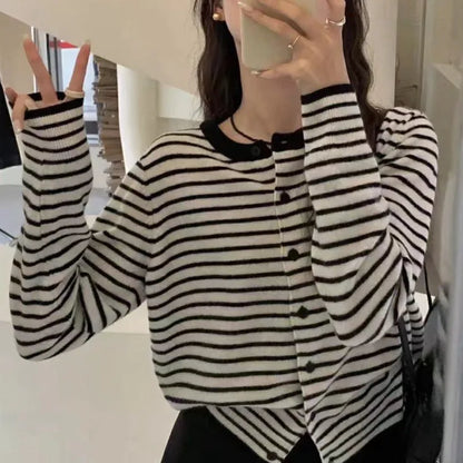 Women's dark grey cardigan with white stripes, 40cm length, free size slim fit, viscose spandex blend