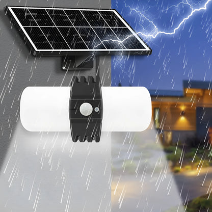 Modern abstract-design solar-powered outdoor floodlight with motion sensor on wall bracket