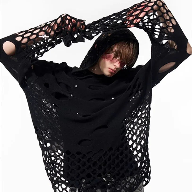 Men's black loose-fit hooded sweater with pearl decorations, thin fabric for spring