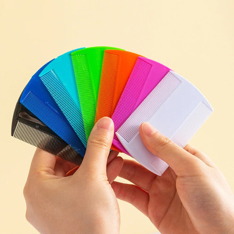 Double-edged fine-toothed plastic flea comb measuring 8cm by 7.5cm in rose red colour