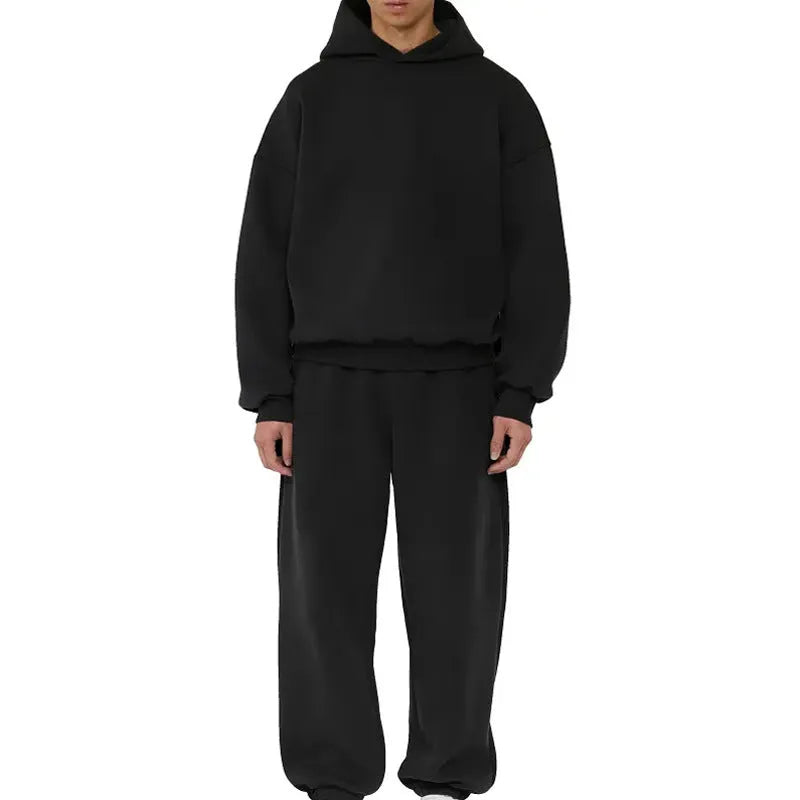 Men's solid colour fleece-lined hoodie with wool lining in pullover style