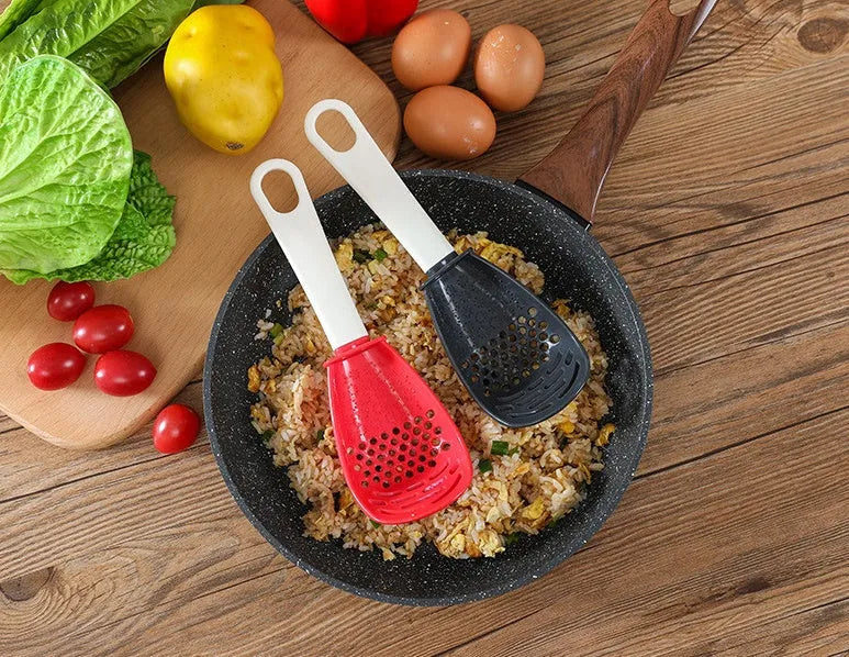 Red plastic multifunctional cooking spoon with serrated edge for grinding and half-enclosed scoop design