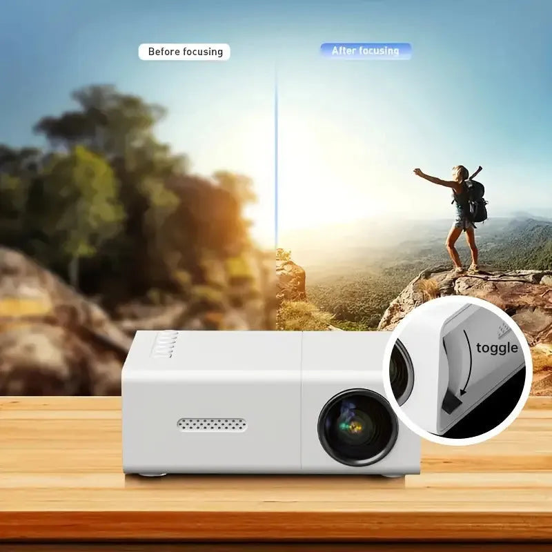 M100 Mini Projector in white or black with 100-inch screen, remote control, and cables for home cinema setup