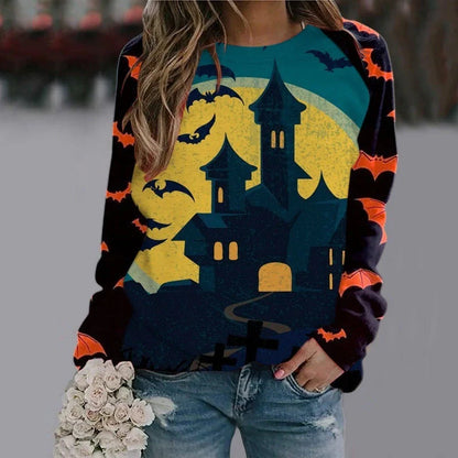 Halloween cartoon print sweatshirt for women in various styles and sizes