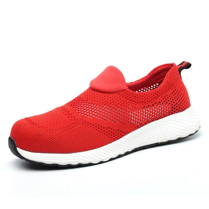 Men's lightweight steel toe work shoes with mesh upper in black blue red colours