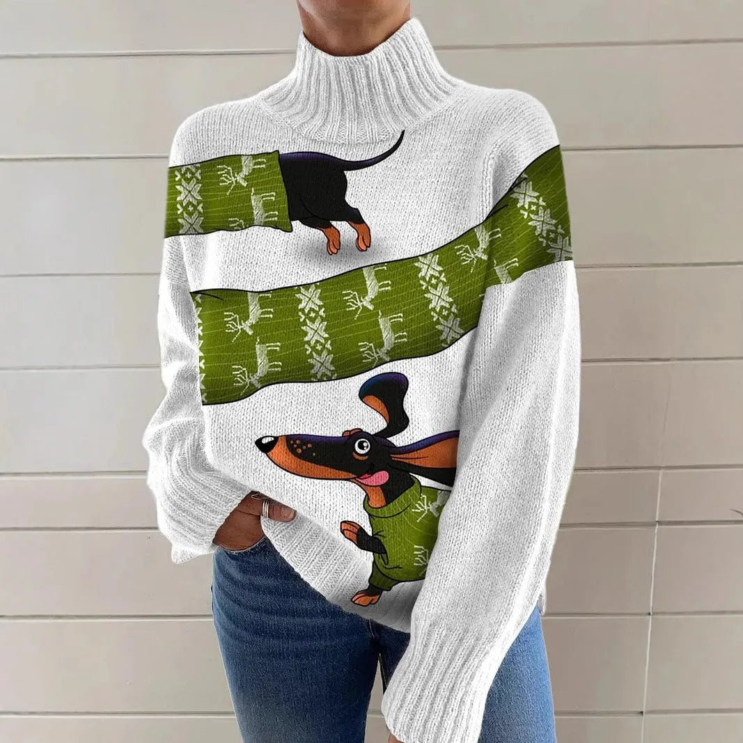 Women's Christmas printed turtleneck sweater with painting pattern and macaron colours, loose fit design