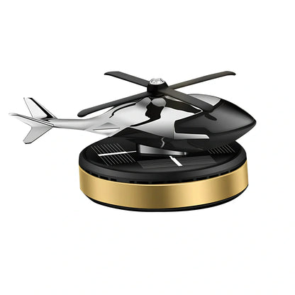 Solar helicopter car air freshener with rotating propeller on metal base, 180g weight