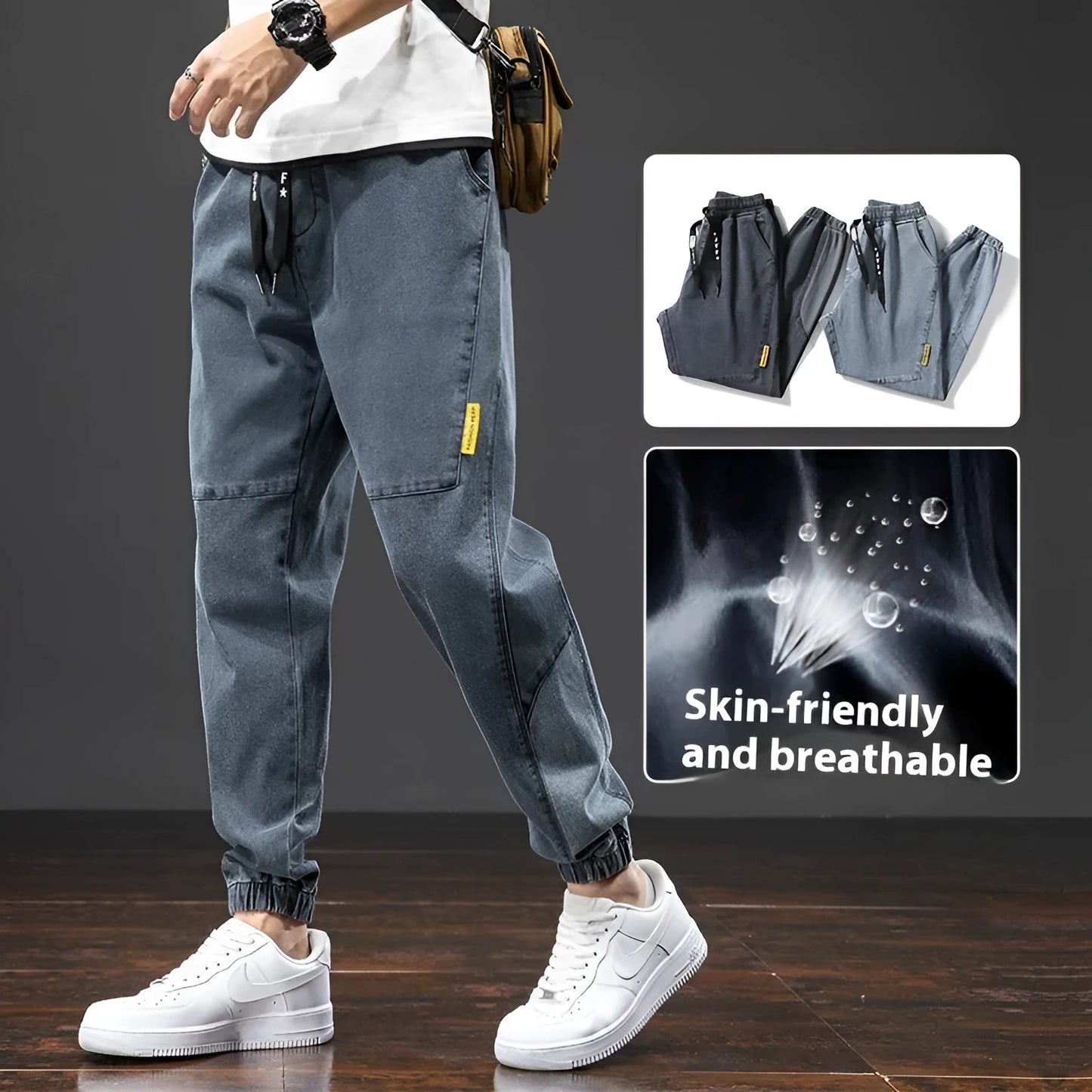 Men's blue cargo jeans with straight-leg fit, micro-elasticity fabric, and cargo pockets on a hanger.