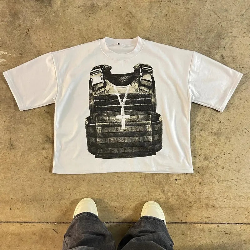 Printed cotton short sleeve t-shirt with drop-shoulder sleeves in retro street style, showing contrast colour design