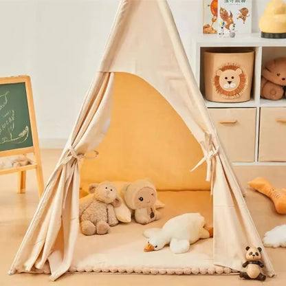 Beige indoor children's tent with cloth and wood construction, side door and hat style options for home play