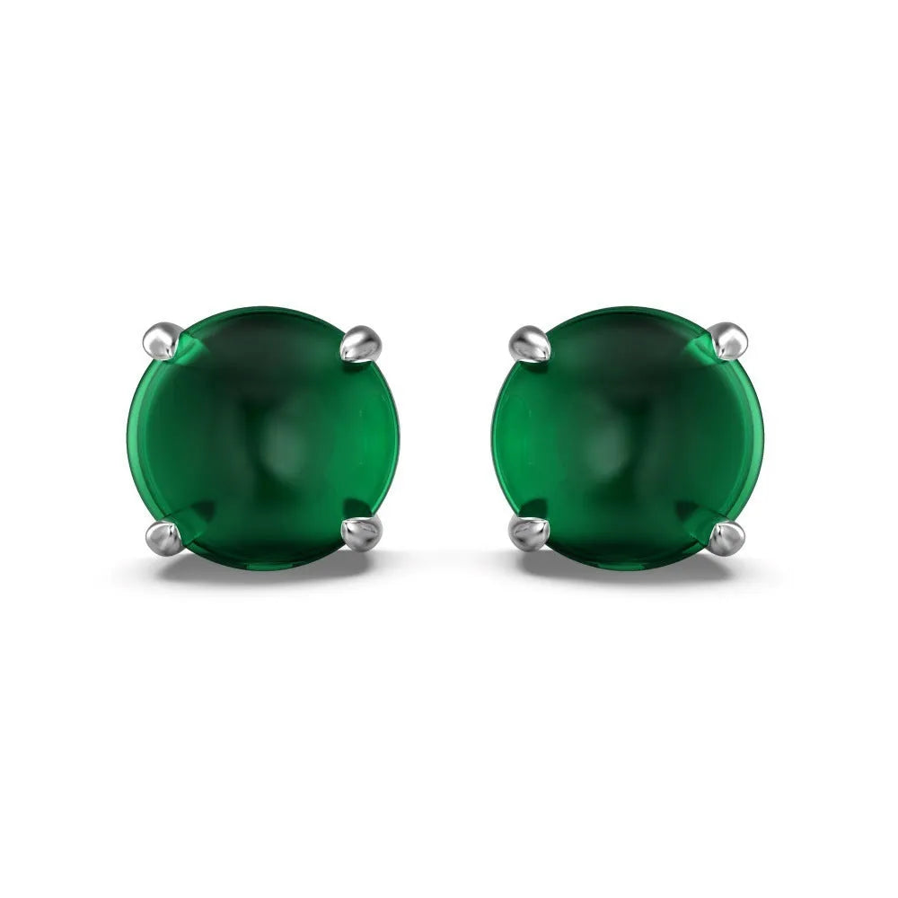 S925 sterling silver stud earrings with green chalcedony, platinum colour finish, geometric round shape, for women
