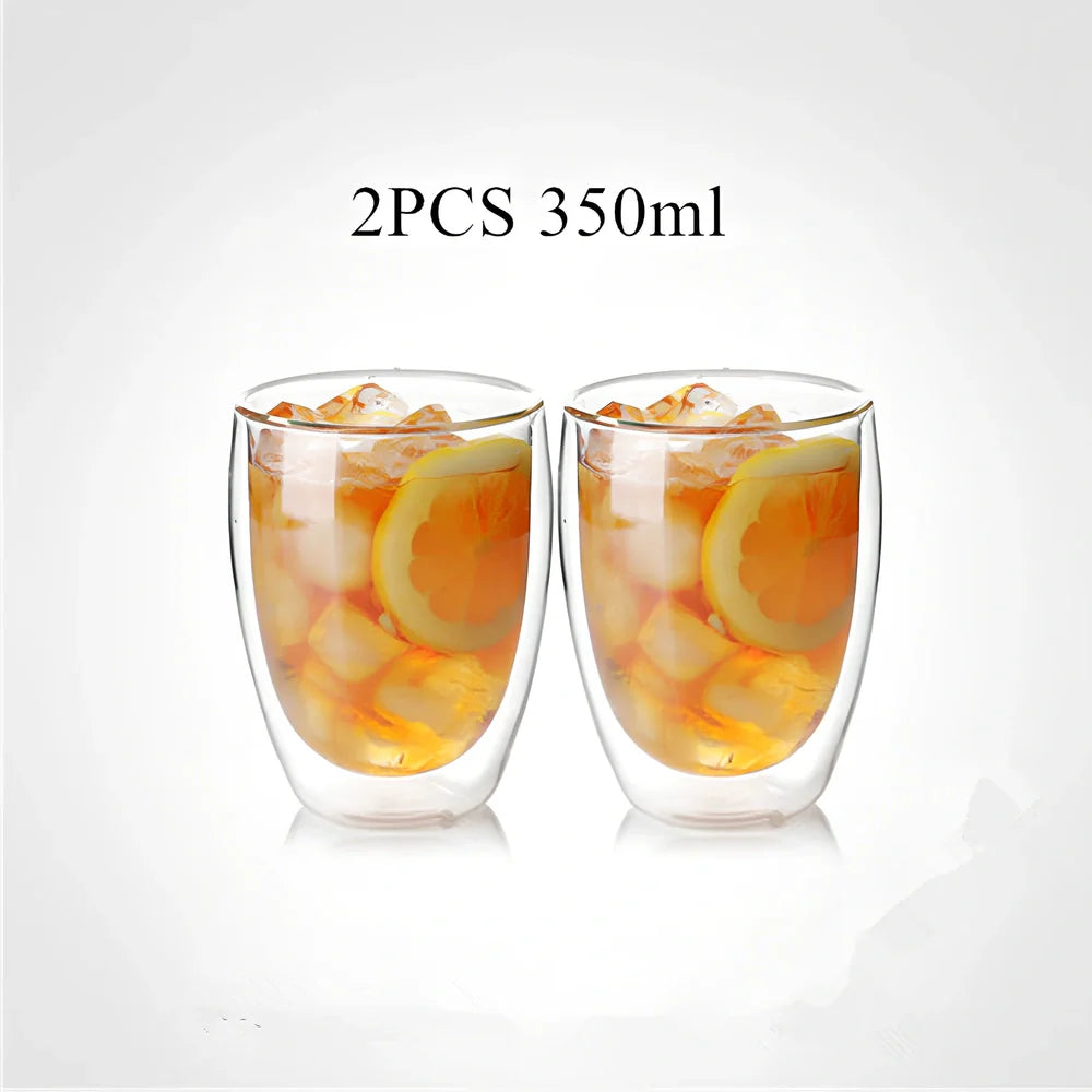 Clear double-layer glass coffee cup with Chinese-style design showing insulating air gap between walls