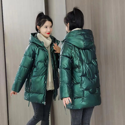 Women's winter hooded down jacket in ultra-thin acrylic fabric, available in four colours and sizes for 40-85kg weight range
