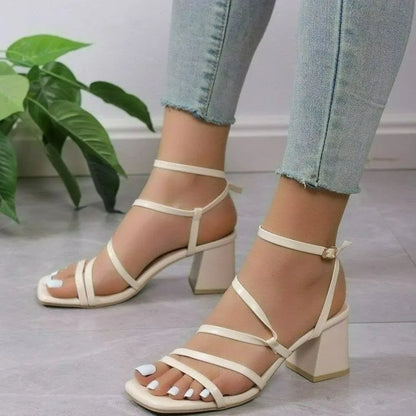 Plus size women's square toe slippers with an ankle buckle in rose red, black, and beige colour options.