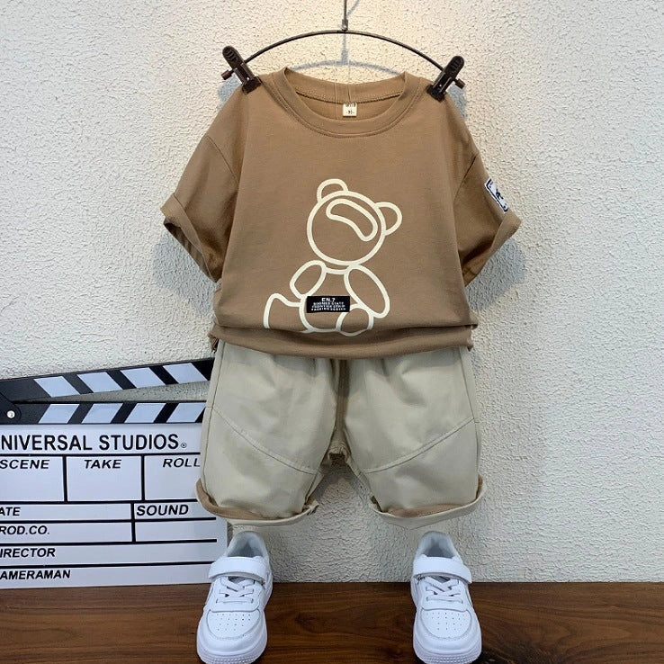 Children's khaki cotton two-piece set with bear print, short sleeves and shorts, Korean-style summer clothing