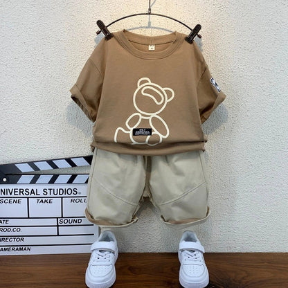 Children's khaki cotton two-piece set with bear print, short sleeves and shorts, Korean-style summer clothing