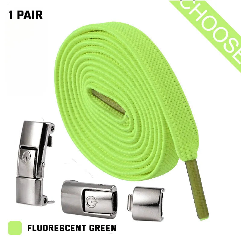 A pair of black widened flat elastic shoelaces with a silver press lock buckle on a white background.