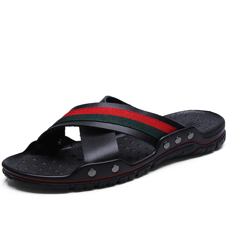Men's cowhide flip-flops with non-slip PU sole in black, blue, or white, showing UK sizes 38-48 for beach and home use