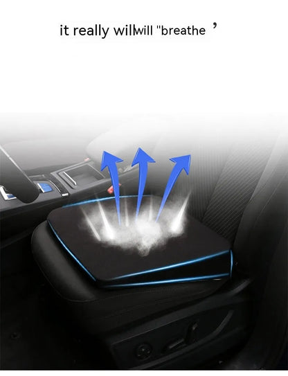 Black thick foam car seat cushion for height adjustment, shown on a car seat.