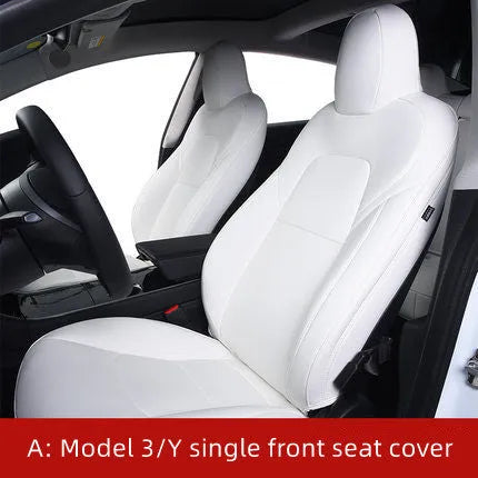 Black PVC seat cover installed on a Tesla Model 3 front seat, showing binding-style edges.