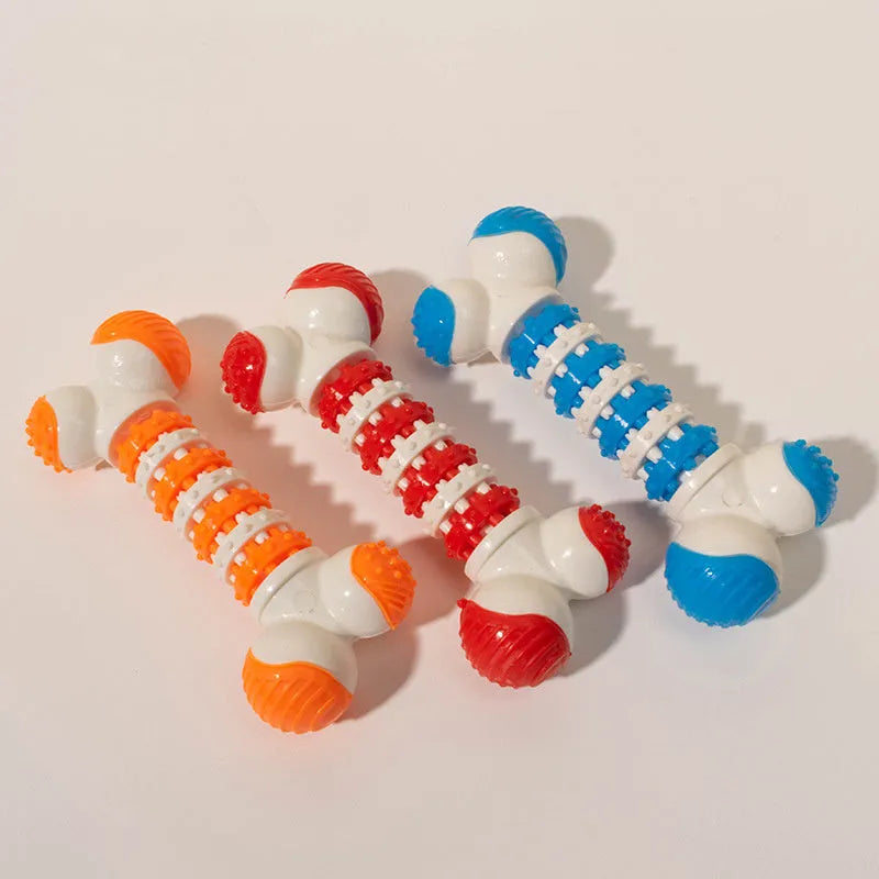 Bone-shaped interactive dog toy in blue, orange, or red for small breeds with treat holder