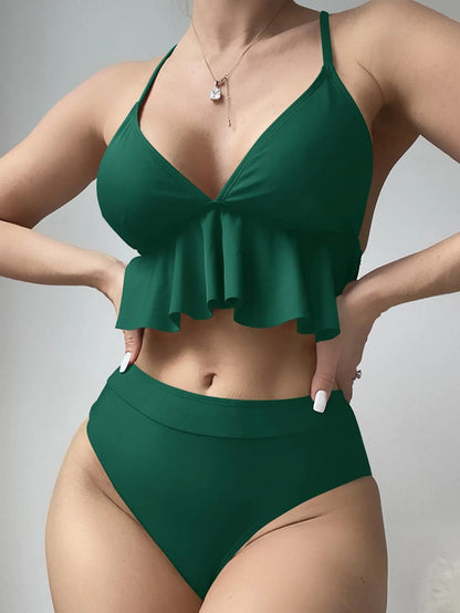 Women's solid colour split bikini swimsuit in black, green, red, or blue.