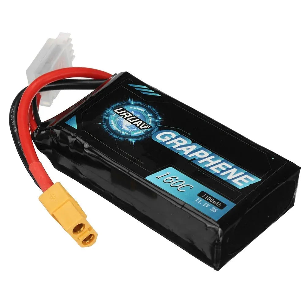 RC model lithium battery showing 7.4V 1200mAh specifications with 15x36x70mm dimensions