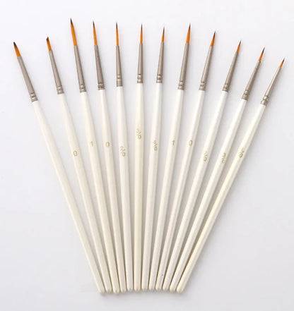 Set of 12 Pearl White nylon wool artist brushes in a solid wood pen holder, for watercolour and acrylic painting.