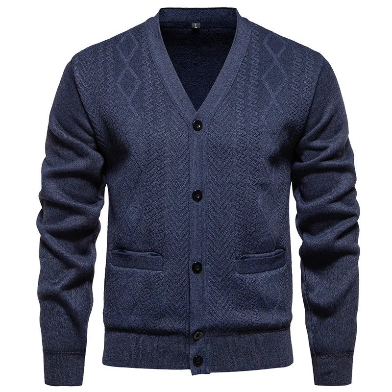Man wearing a striped brown cardigan sweater with long sleeves and wool lining.
