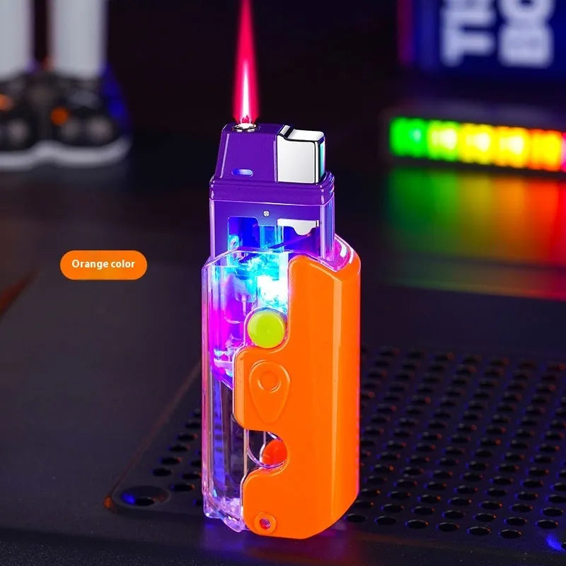 Orange, purple, and green plastic windproof lighter with bare metal finish.