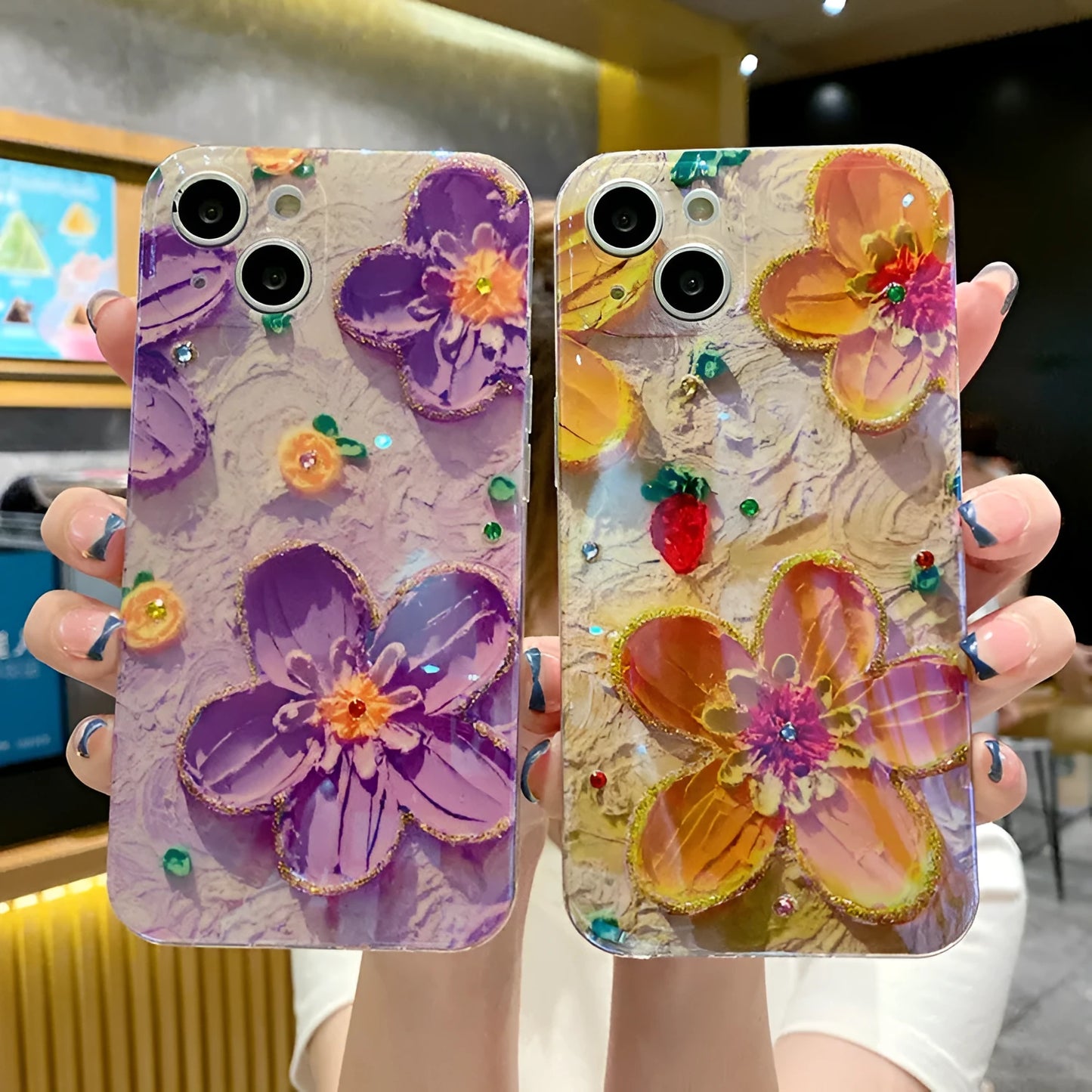 Purple soft rubber phone case with epoxy oil painting flower and blue diamond inlay design