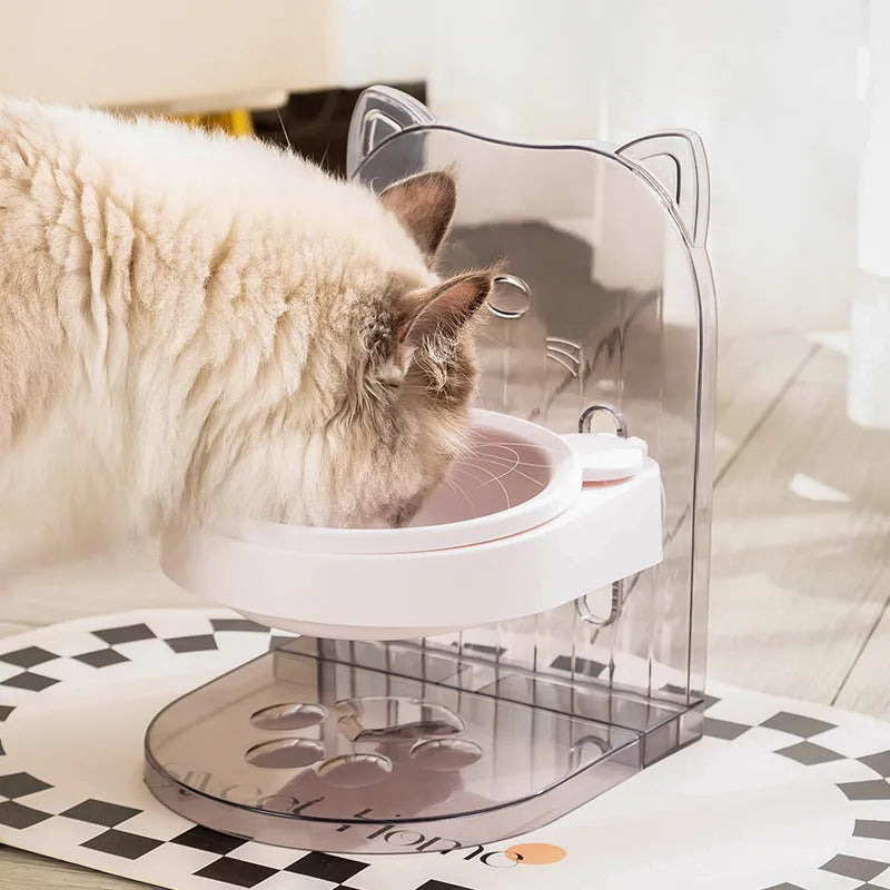 Grey adjustable height cat feeding bowl with removable cat ears and anti-spill barrier
