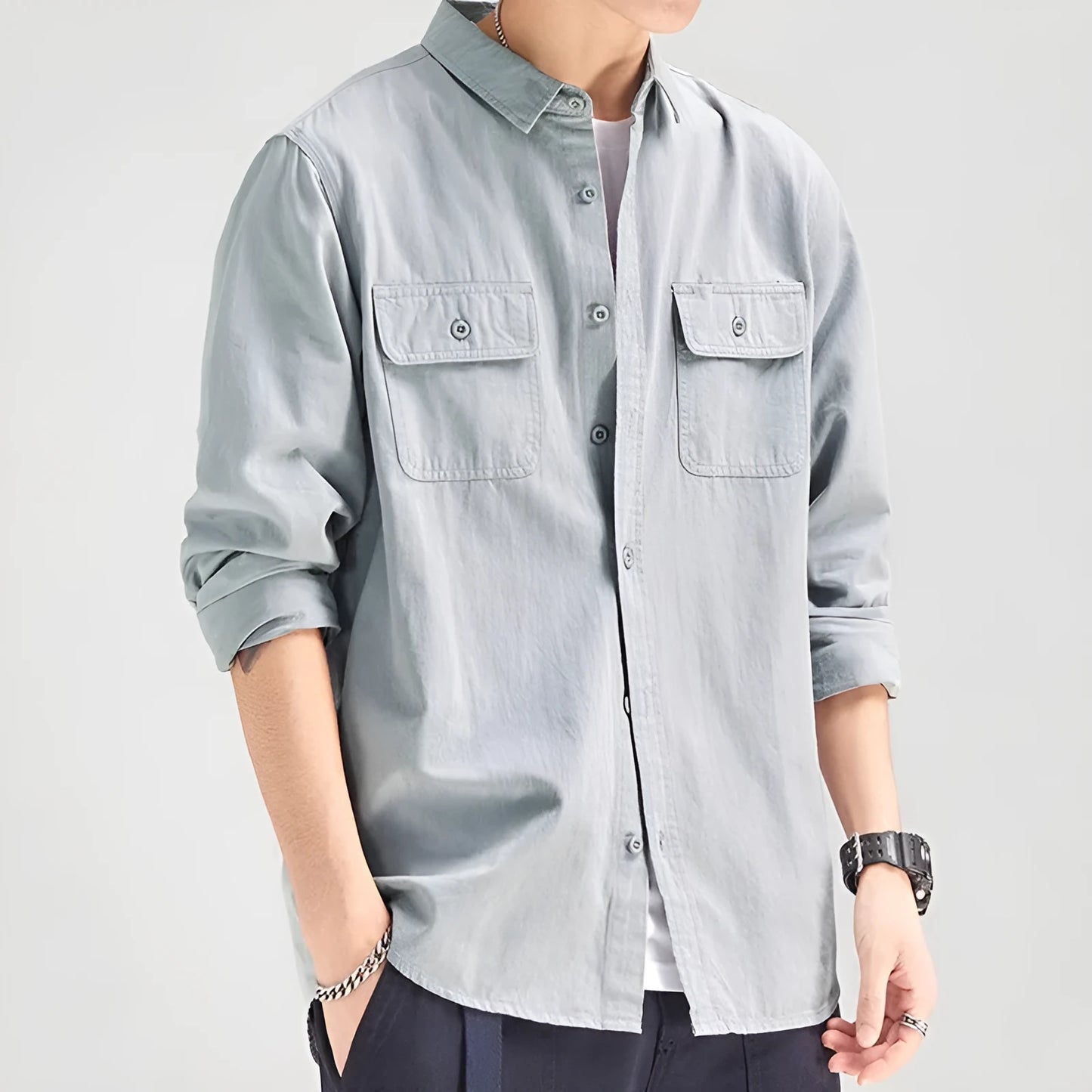 Men's loose cardigan style long sleeve shirt overalls in polyester fabric