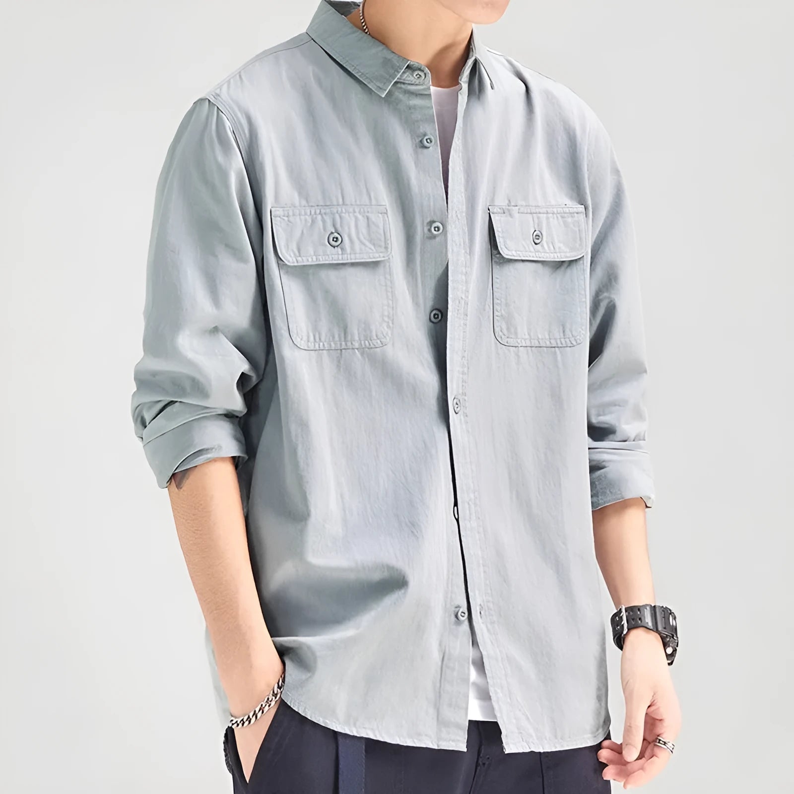 Men's loose cardigan style long sleeve shirt overalls in polyester fabric