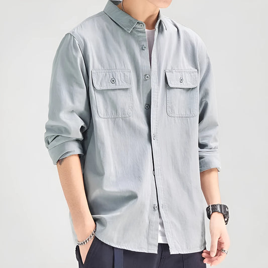 Men's loose cardigan style long sleeve shirt overalls in polyester fabric