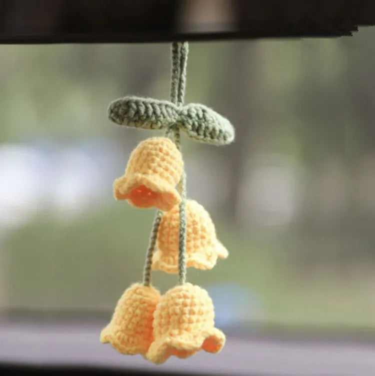 Green and white knitting wool car plant decoration with 8cm base and 25cm hanging rope